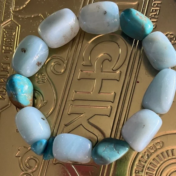 Natural Gemstone Larimar & Turquoise Nugget Stretch Bracelet - Picture 2 of 4